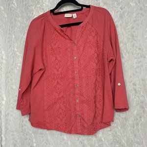 Chico's Coral Size 3 Embroidered Button Down 3/4